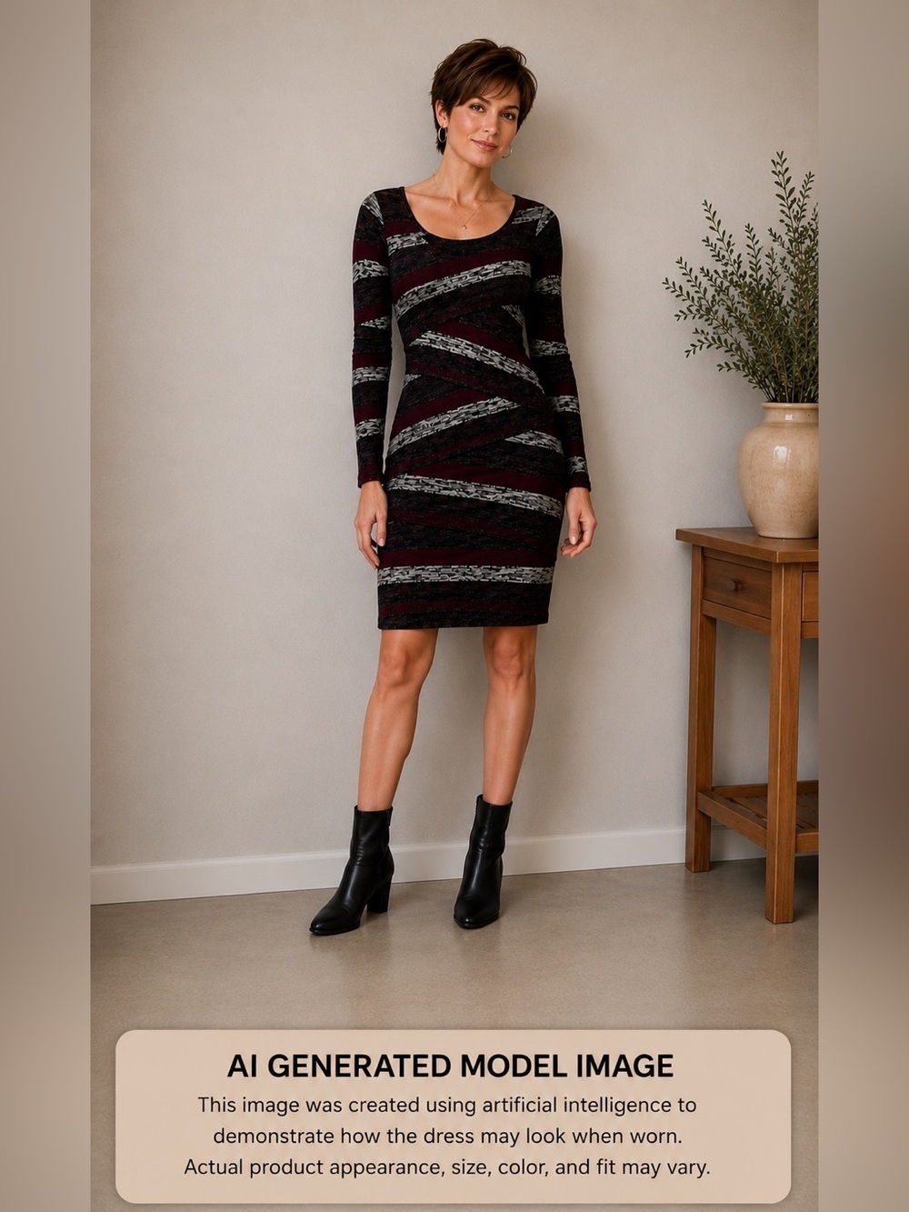 Max Edition Black and Burgundy Long Sleeve  Asymmetrical Bodycon Dress Zig Zag